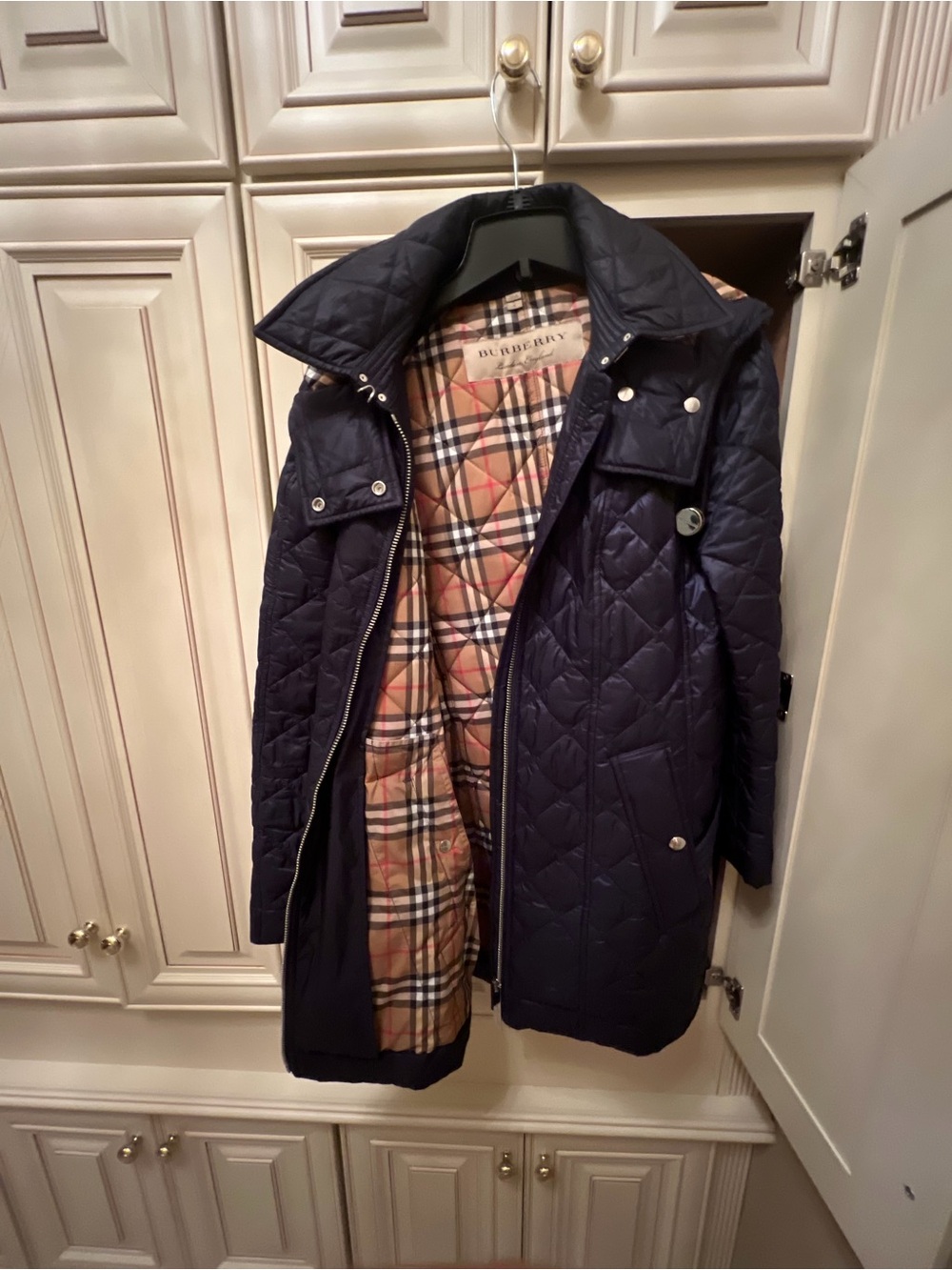 Burberry Navy Quilted Mid-Length Puffer Coat with Signature Check Lining